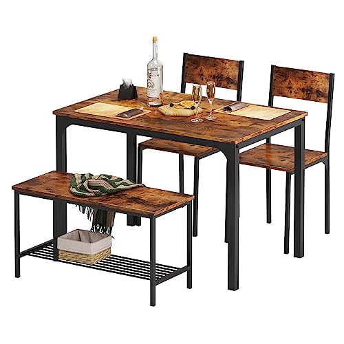 soges Dining Table Set for 4, 43.3 inch Kitchen Table Set with Chairs and Bench, 4 Piece Dining Room Table Set for Small Space, Apartment, Restaurant, Rustic Oak