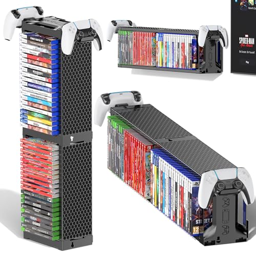 Video Game Disc Rack Tower Storage Holder Stand Universal for PS5/PS4/ XBOX One/Series/ Nintendo Switch Game, DVD/Game Organizer Shelf Display Stand for Wall Mount/ Desk/ Floor with Controller Holder