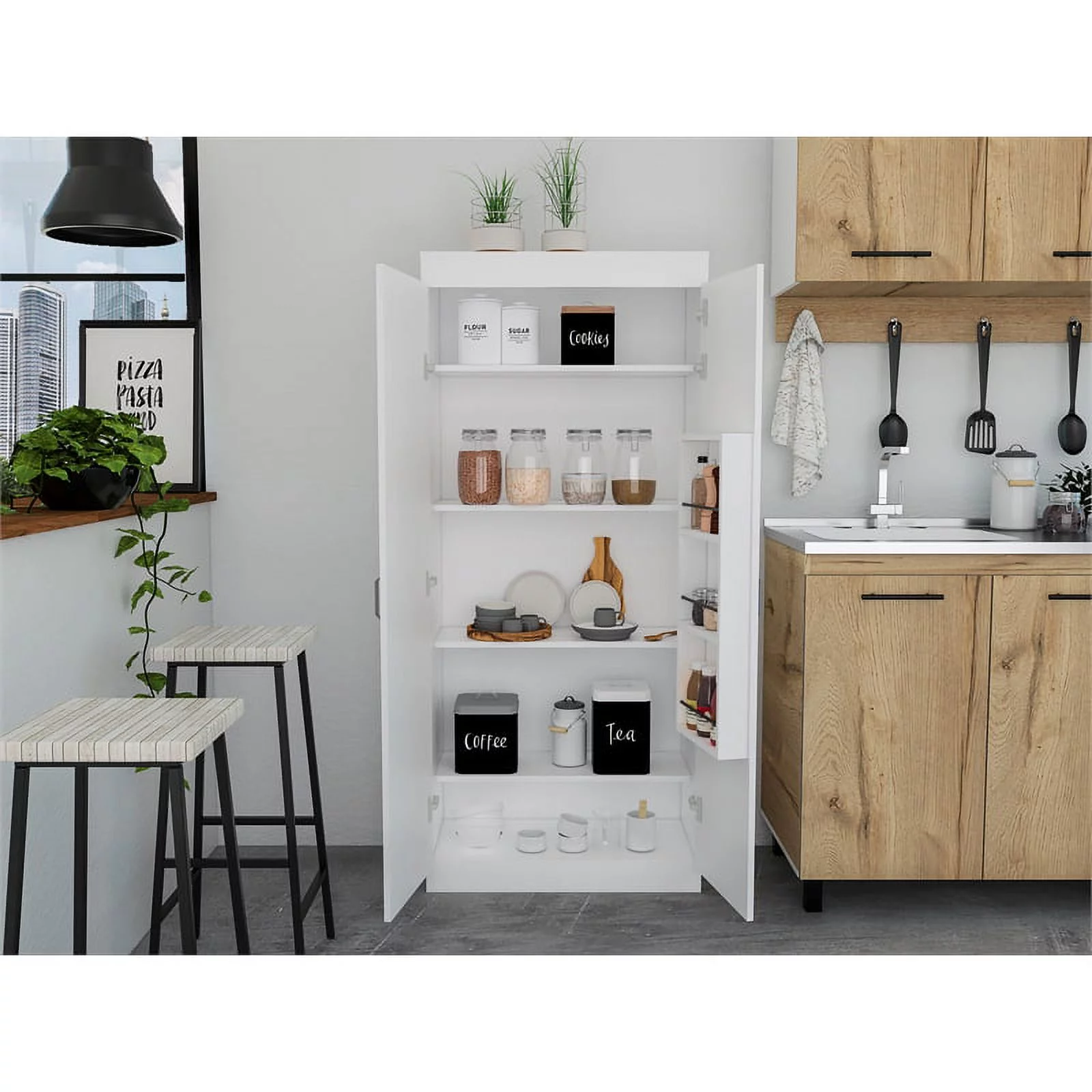 Pemberly Row 5-Shelf Modern Engineered Wood Pantry Cabinet in White