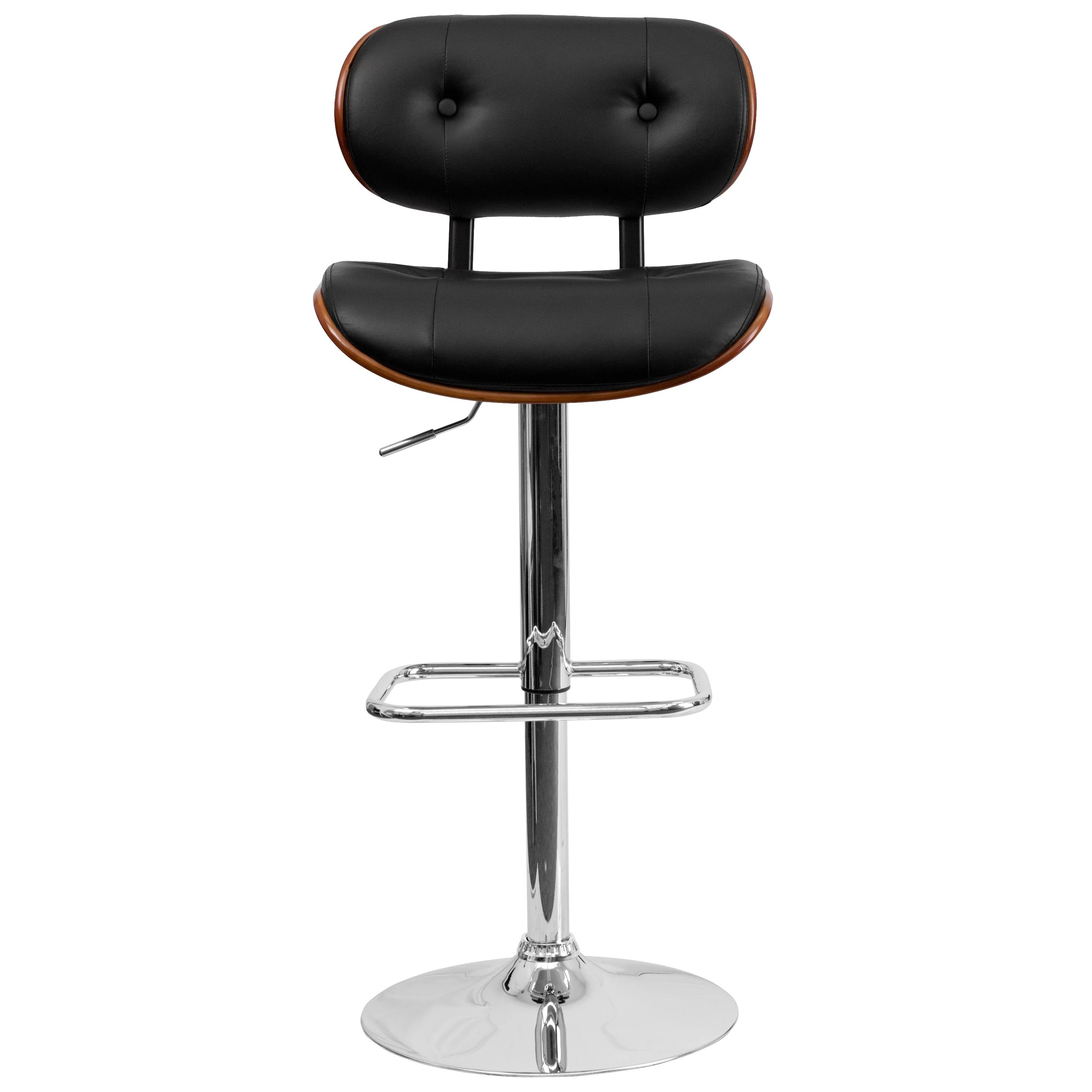 Flash Furniture Walnut Bentwood Adjustable Height Barstool with Button Tufted Black Vinyl Seat