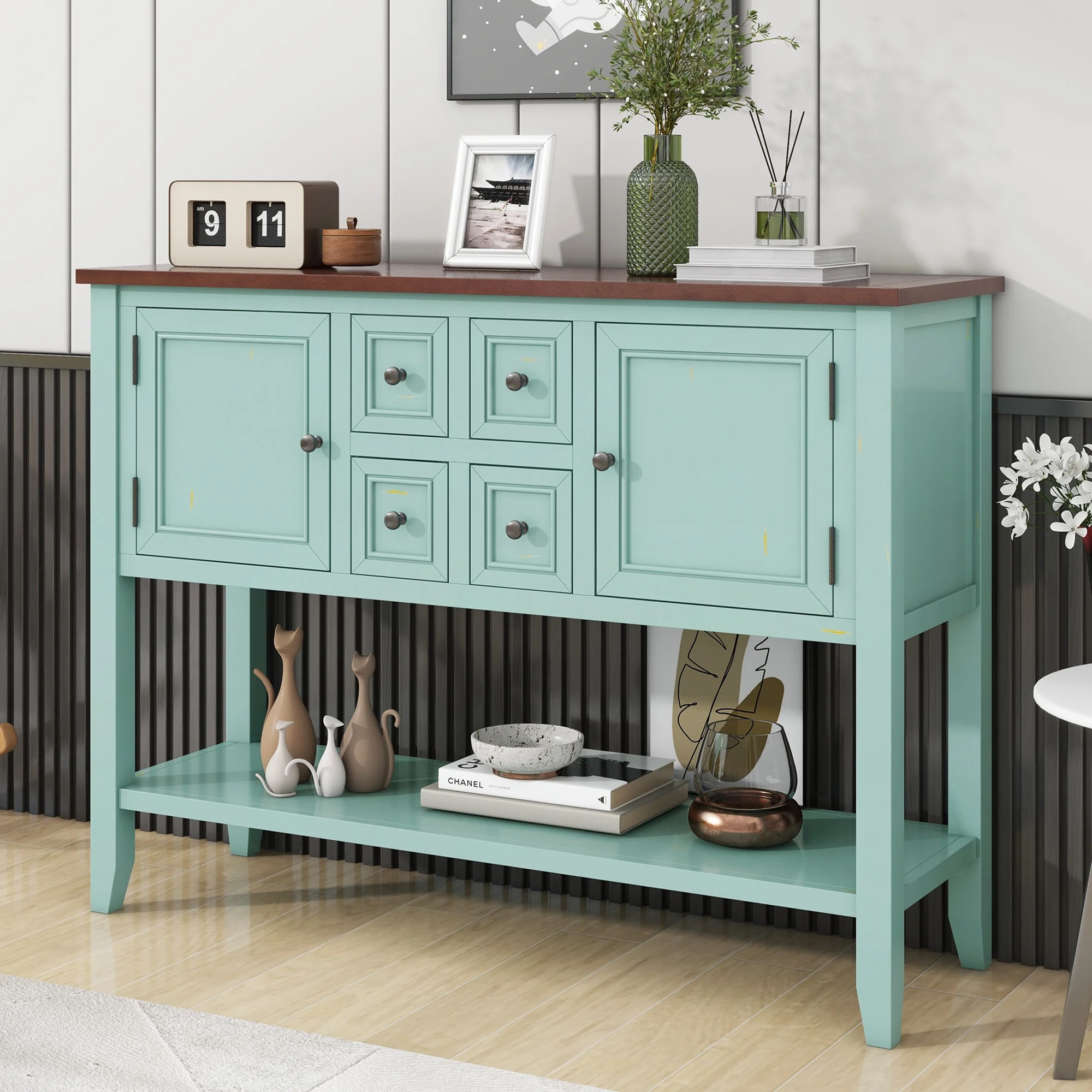 Cambridge Series Vintage Console Table with Ample Storage For Small Drawers and Bottom Shelf for Entryway Console Table for Living Rooms, Entrances, Kitchens-Retro Blue