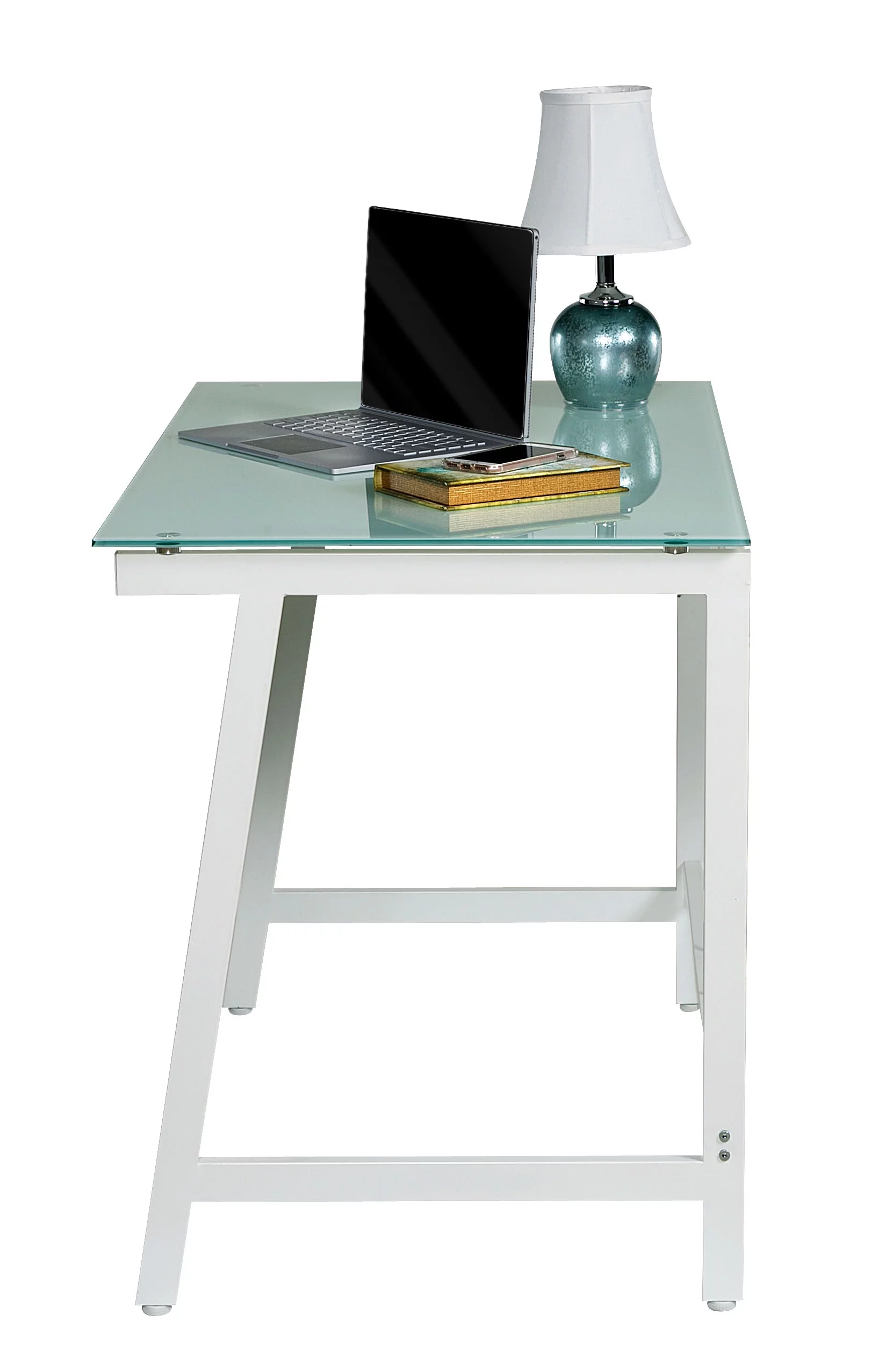 OneSpace 50-HD0107 Contemporary Glass Writing Desk, Steel Frame, White and Cool Blue