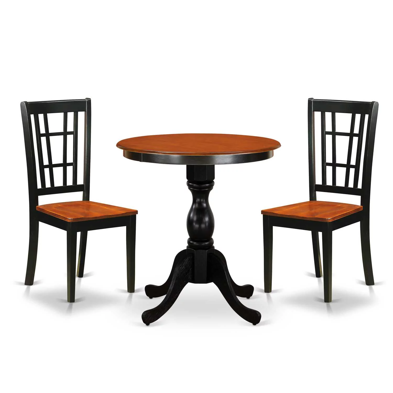 East West Furniture 3-Piece Dining Table Set Include a Round Dining Table and 2 Wooden Chairs with Slatted Back - Black Finish