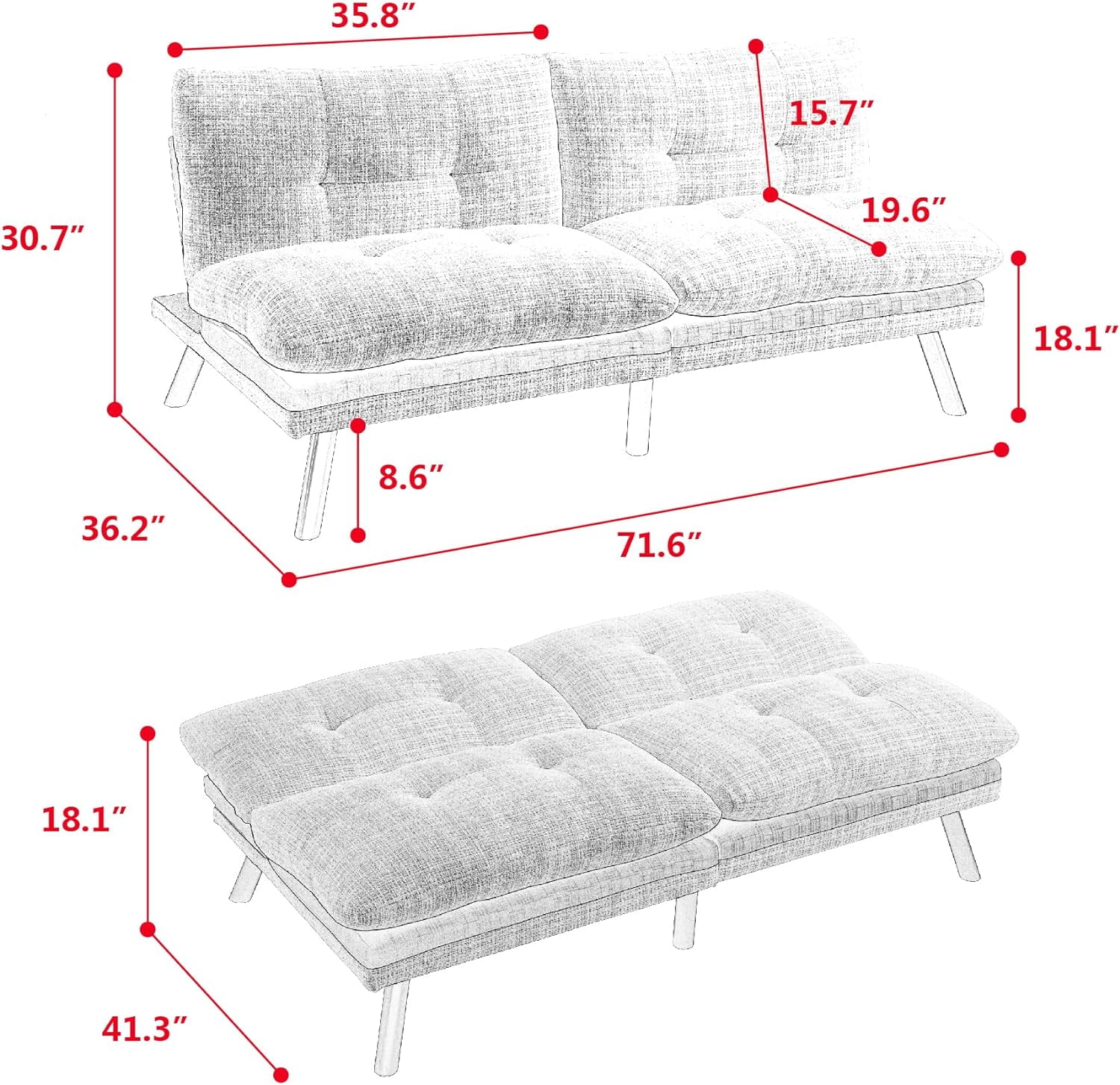Convertible Folding Futon Sofa Bed Sleeper Couch For Living Room Breathable Lounge Couch With Adjustable Back And Metal Legs, Upholstered Chenille Loveseat For Compact Space（Wine Red）