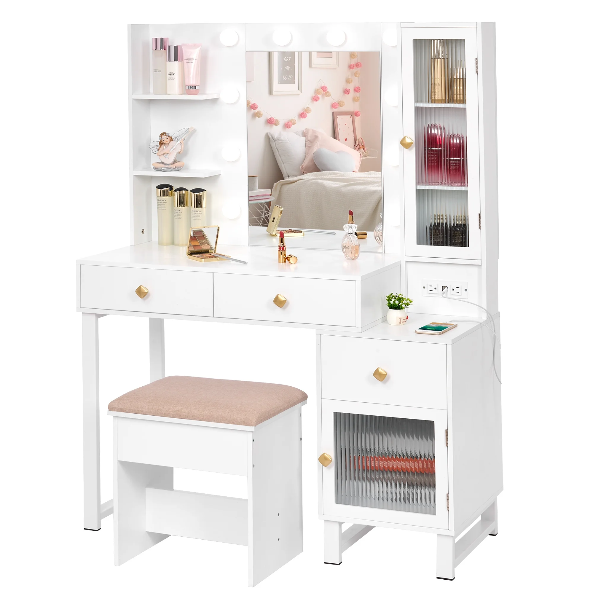 BEWISHOME Vanity Desk with Lights, Makeup Vanity with Lights 3 Colors White Vanity with Charging Station & Cabinets, Vanity Set with Mirror Vanity Table Makeup Desk Vanity with Drawers Vanity FST20W