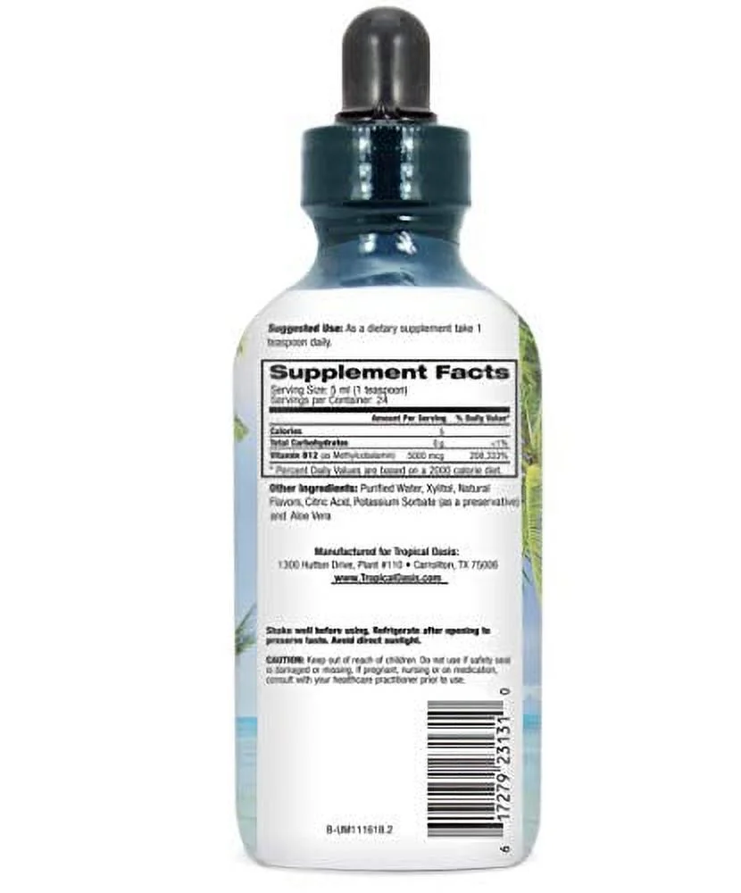 Tropical Oasis ULTRA Max B12: 5000 mg Liquid Drops; Methyl B12 for Energy Boost; Vegan, Non-GMO; Strawberry, 4oz