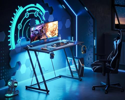 MOTPK 32 Inch Small Gaming Desk with LED Lights & Power Outlet, Computer Desk for Small Space, Gaming Table with Carbon Fiber Texture, Kids Desk Gift for Boys Men, Black