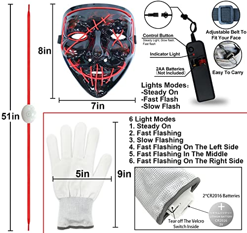 3 Set Halloween LED Mask Light Up Gloves and Glow Shoelaces Scary Mask Halloween Costume Cosplay Party for Adults