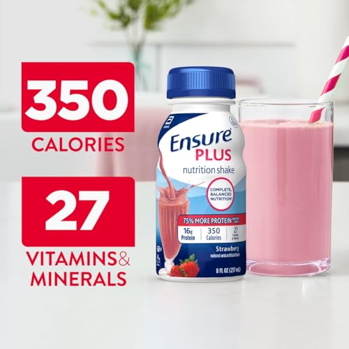 Ensure Plus Strawberry Nutrition Shake | Meal Replacement Shake | Ready To Drink | 16g Protein and 27 Vitamins and Minerals | 8 fl oz - 24 Pack