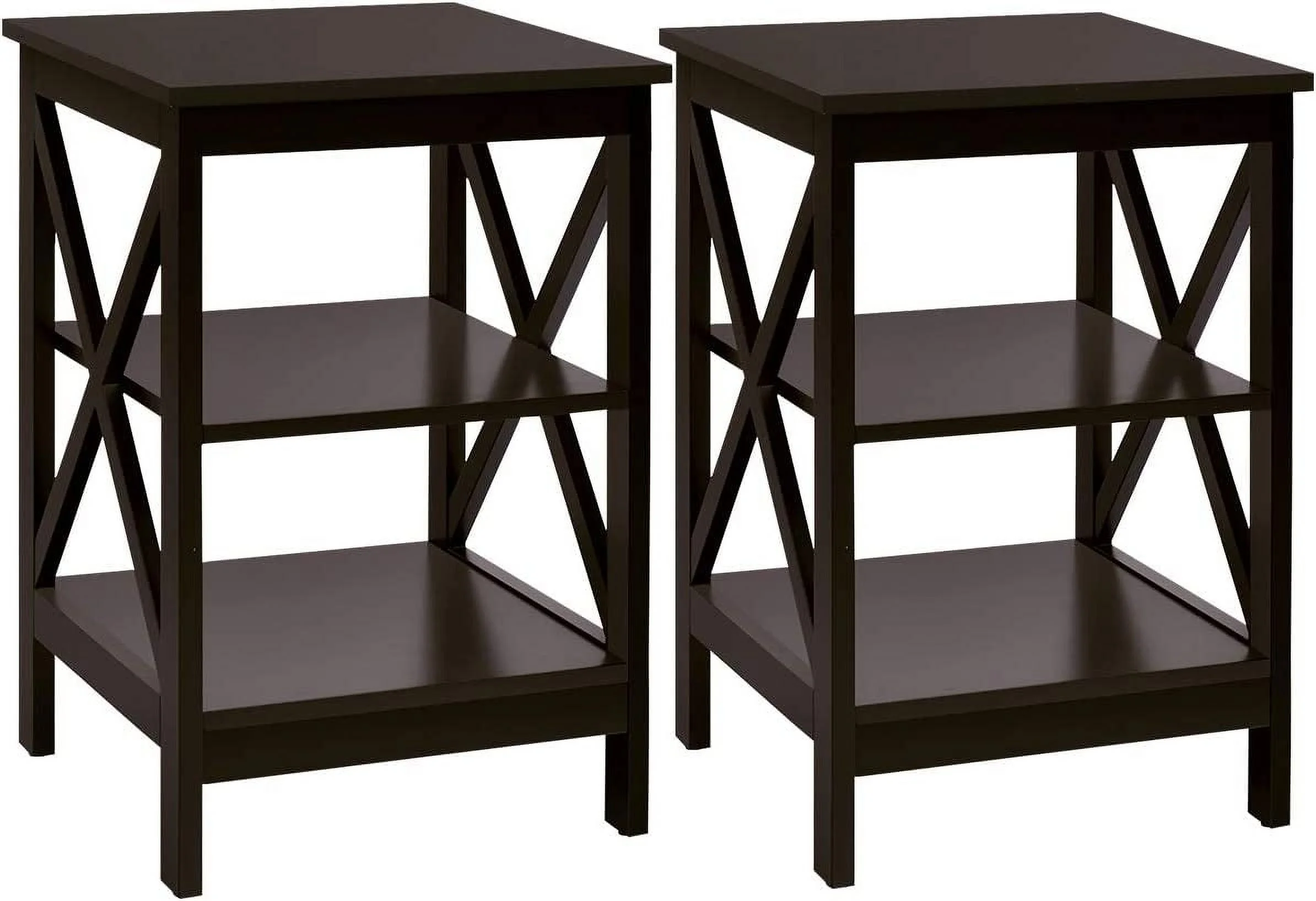3-Tier Nightstand Set of 2, Modern X-Design Side Table with Storage Shelf, Bedside Tables with Versatile Shelf, Wooden End Table for Living Room, Bedroom, Easy Assembly, Espresso