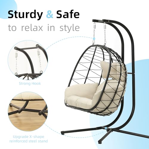 Double Egg Chair wth Stand Hammock Swing Chair Foldable Hanging Loveseat, UV Resistant Removable Cushions, 700LBS Capacity for Bedroom, Balcony, Garden(BK-GR)
