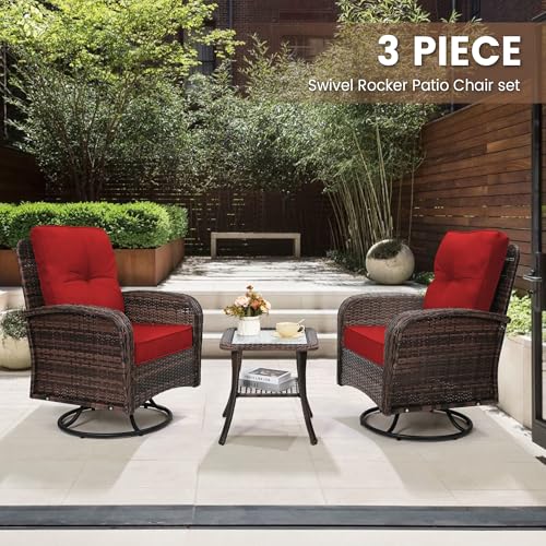 3 Piece Rattan Wicker Bistro Set, Outdoor Conversation Furniture Set with Glass Top Table, Space Saving for Balcony, Backyard, Natural