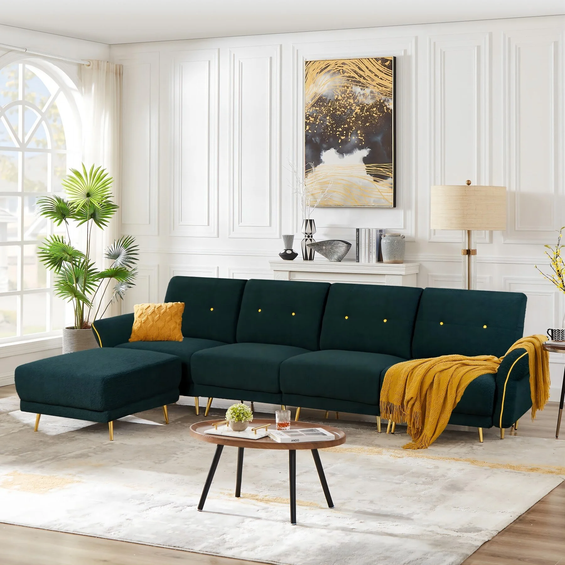 Sectional Sofa Sherpa Fabric Modular Sofa Couch 4 Seater with Ottoman Green