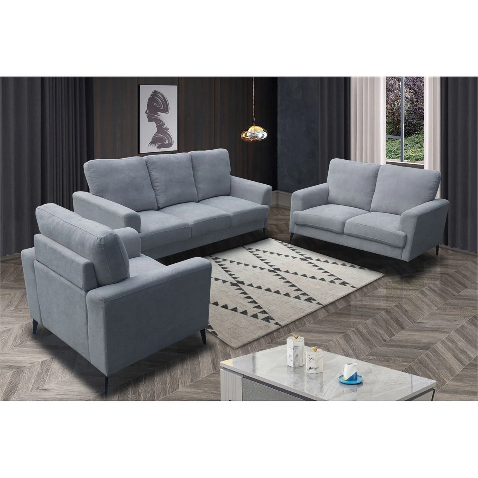 Pemberly Row Gray Chenille Sofa Loveseat Chair Living Room Set