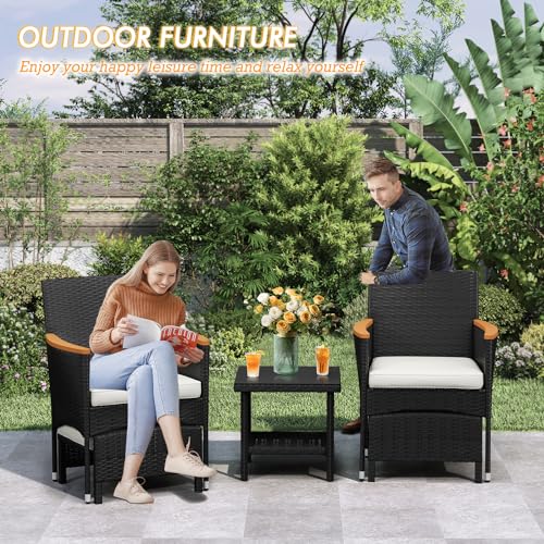 5 PCS Outdoor Patio Furniture Set with Table&Ottoman Outdoor Furniture Patio Set Bistro Wicker Patio Set (Black Wicker&White Cushion, 5PC - 2 Chair + 2 Ottoman + 1 Table)
