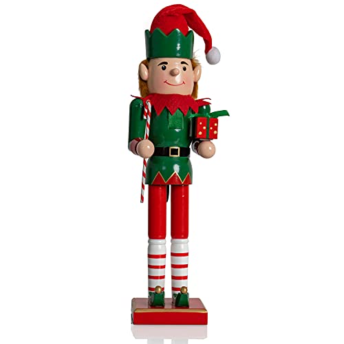 Ornativity Christmas Elf Holiday Nutcracker – Red and Green Wooden Elf with Candy Cane and Gift Box Xmas Themed Holiday Nut Cracker Figure Decorations 15