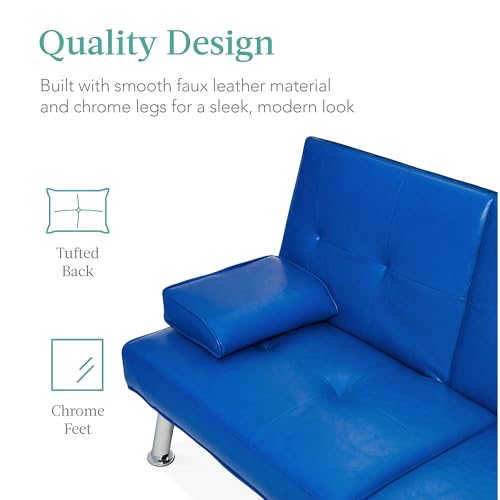 Best Choice Products Faux Leather Upholstered Modern Convertible Futon, Adjustable Folding Sofa Bed, Guest Bed w/Removable Armrests - Blue