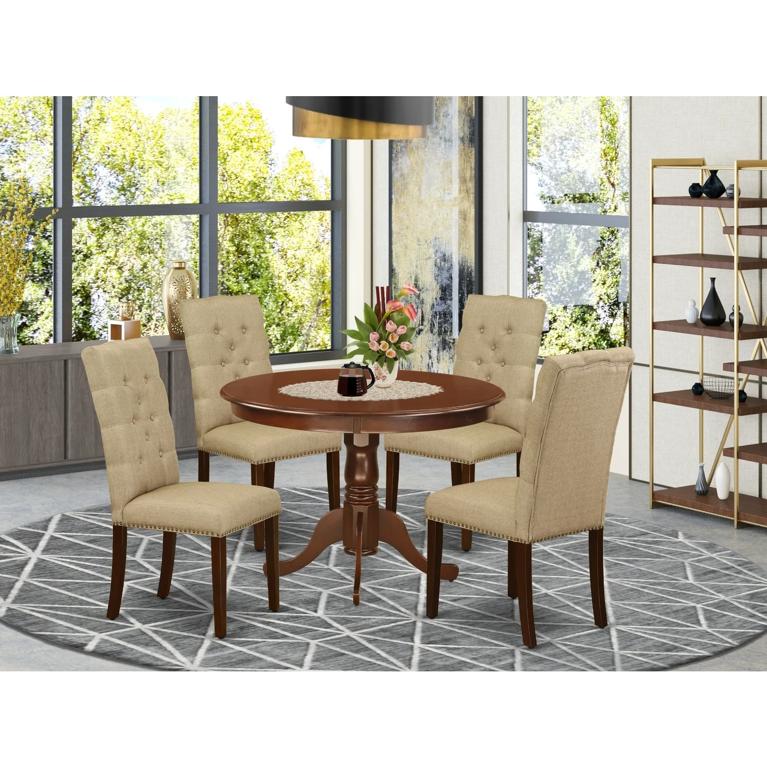 HomeStock Contemporary Chic Furniture Hlel5-Mah-16 5-Piece Kitchen Table Set- 4 Parson Chairs And Round Kitchen Table Hardwood Structure -High Back & Mahogany Finish