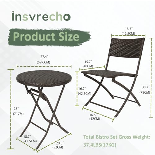 3 Pieces Folding Bistro Set PE Wicker Rattan Outdoor Patio Furniture Sets with Foldable Round Table and Chairs Perfect for Cafe Bar Garden Backyard Balcony Porch