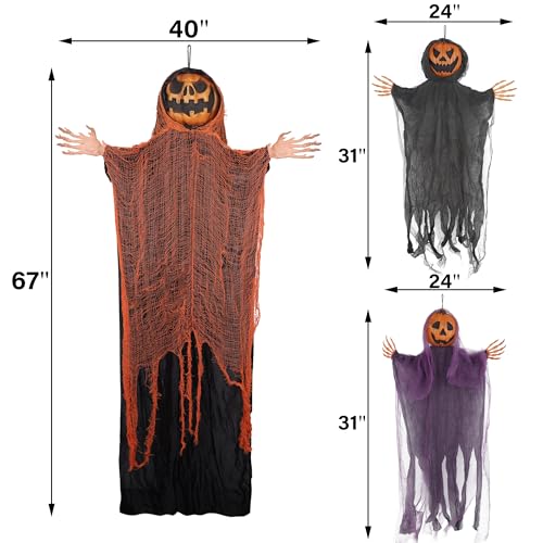 DR.DUDU 3 Pack Hanging Halloween Decor Outdoor Pumpkins Ghost Spooky Skeleton with Bendable Arms, Pumpkin Decorations with Lighted Head for Tree Porch Garden Party Indoor Décor