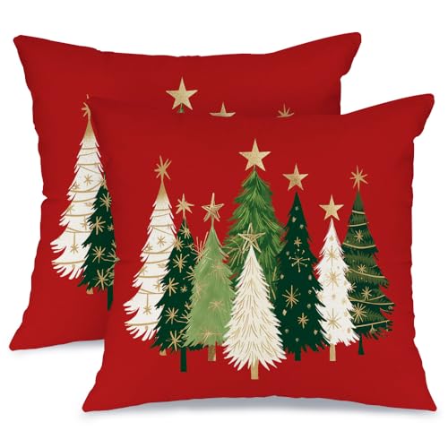 AACORS Christmas Pillow Cover 12X20 Inch Watercolor Christmas Tree Stars Decoration Holiday Farmhouse Winter Pillow Case for Sofa Couch Decor（Red）
