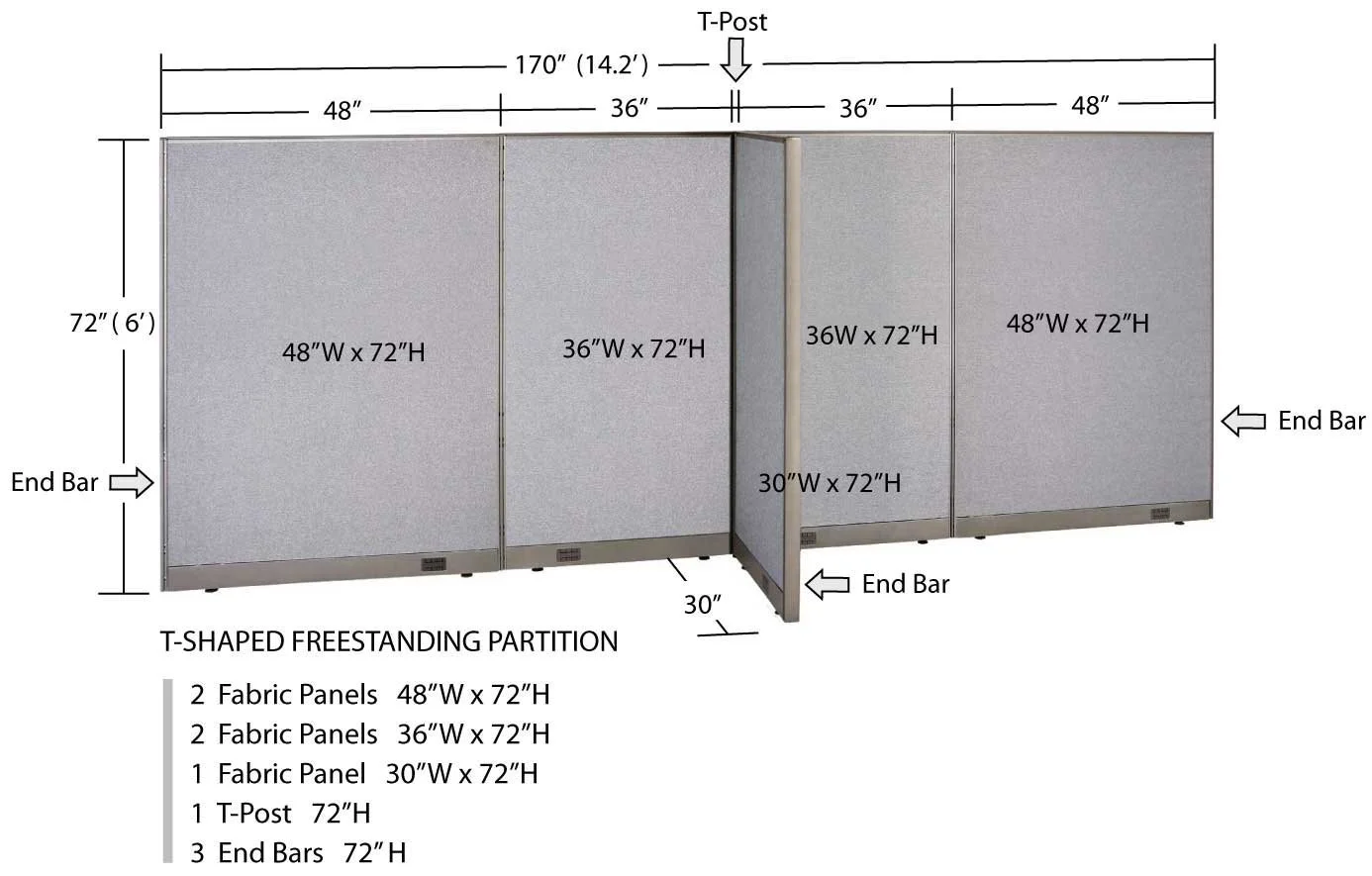 T-Shaped Freestanding Partition 30D x 168W x 72H / Office, Room Divider