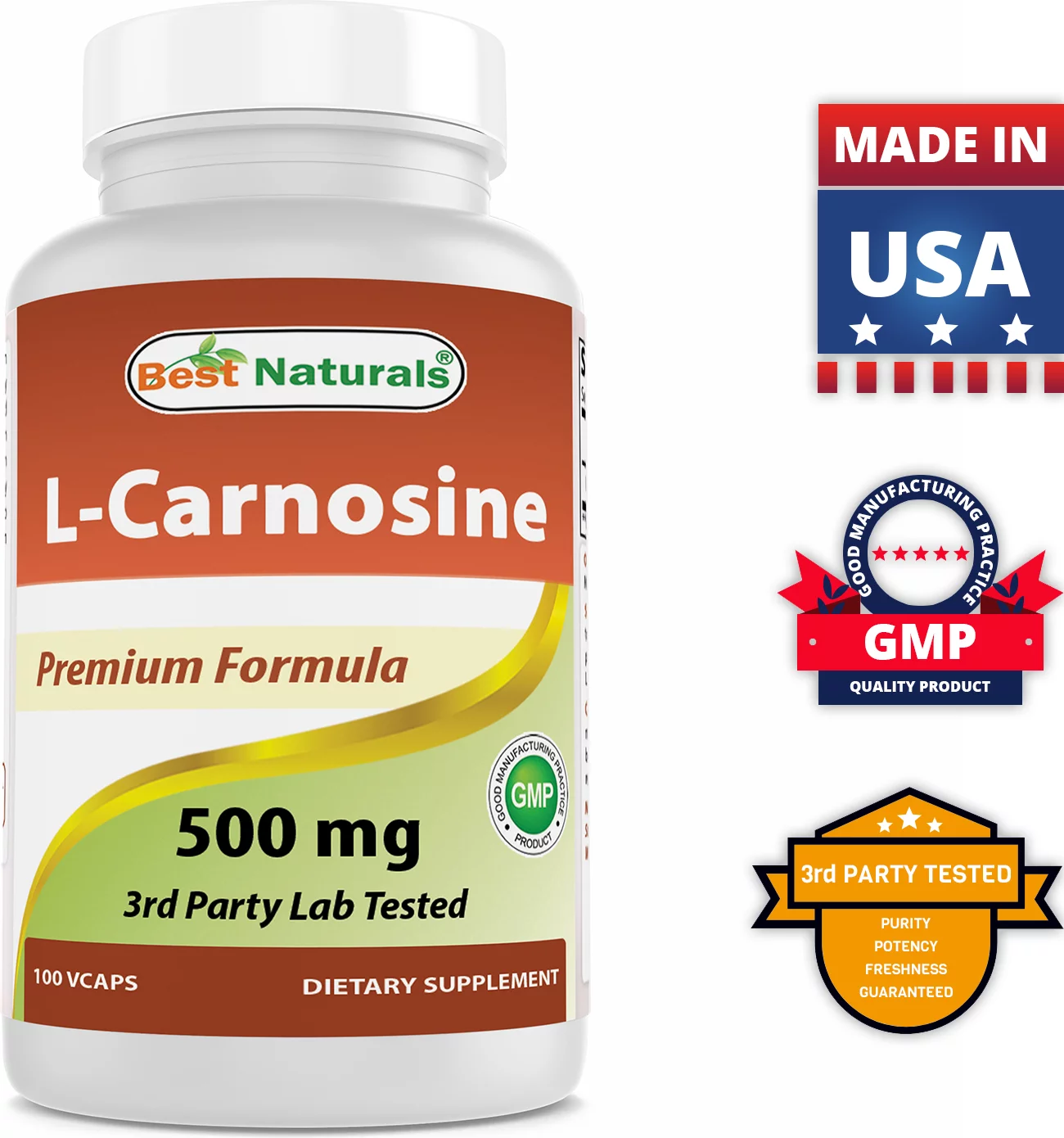 2 Pack Best Naturals L-Carnosine 500 mg 100 Vegetarian Capsules