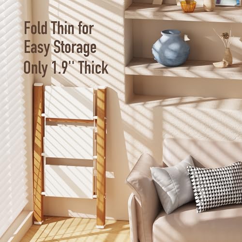 2 Step Lightweight Aluminum Folding Ladder, Portable Step Stool with Anti-Slip Pedals, 330 lbs Capacity for Home, Office, Kitchen（White&Woodgrain）