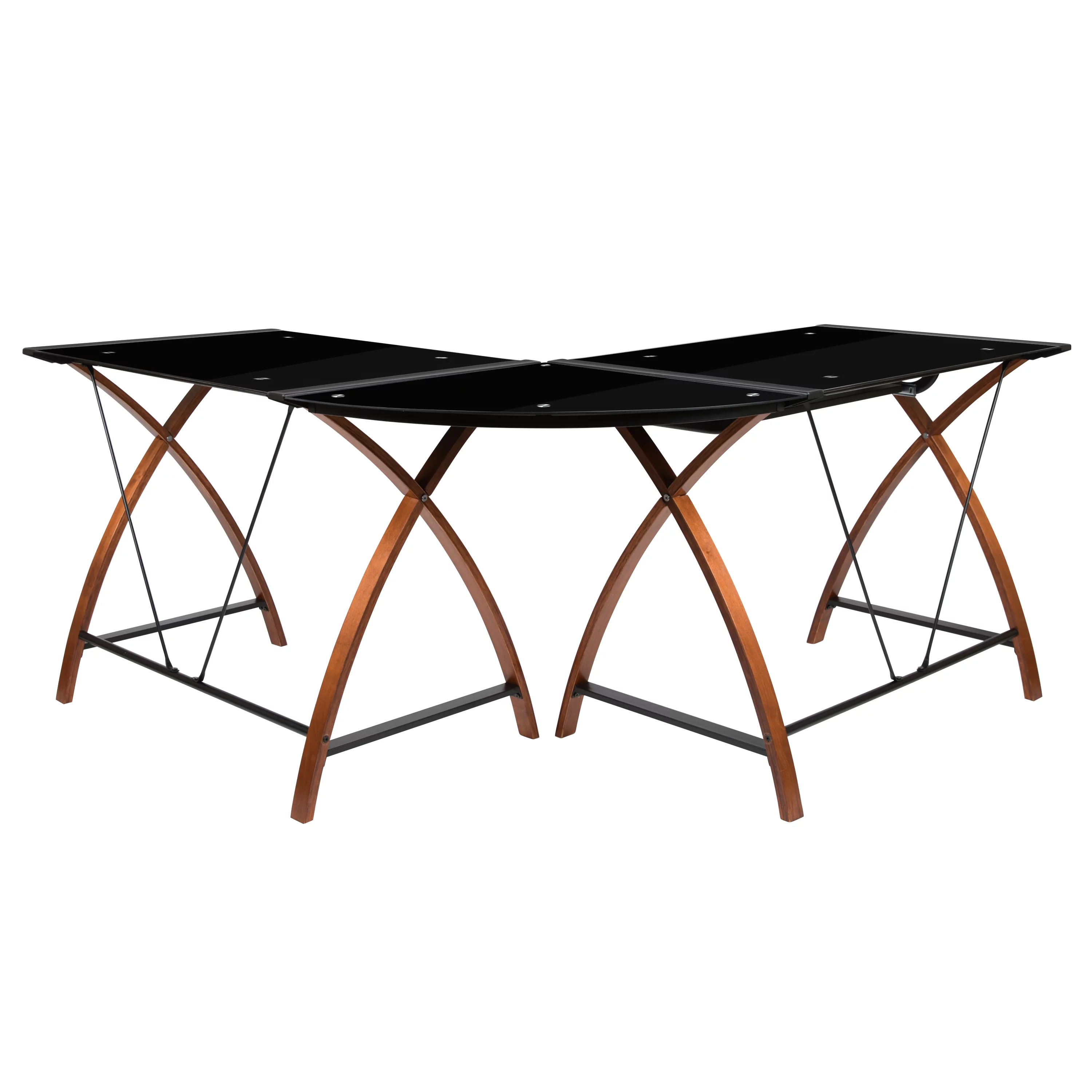 BlackArc L-Shaped Gaming Desk with Black Tempered Glass Surface and Crisscross Cherry Finished Legs - Sliding Keyboard Tray