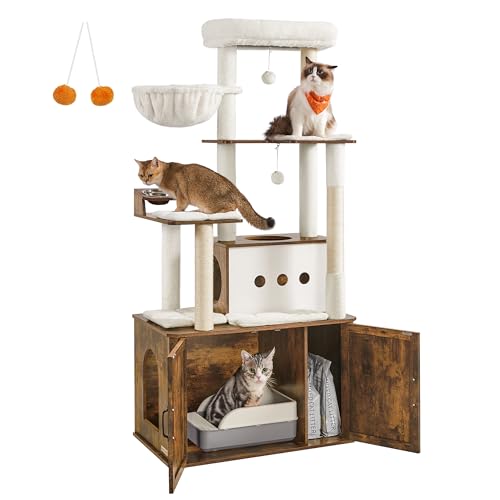 Feandrea Cat Tree, 66.9-Inch Cat Tower with Litter Box Enclosure, Large Cat Condo with Food Station, Storage, Scratching Posts, Cat Cave, Hammock, Washable Cushions, Rustic Brown UPCT169K01
