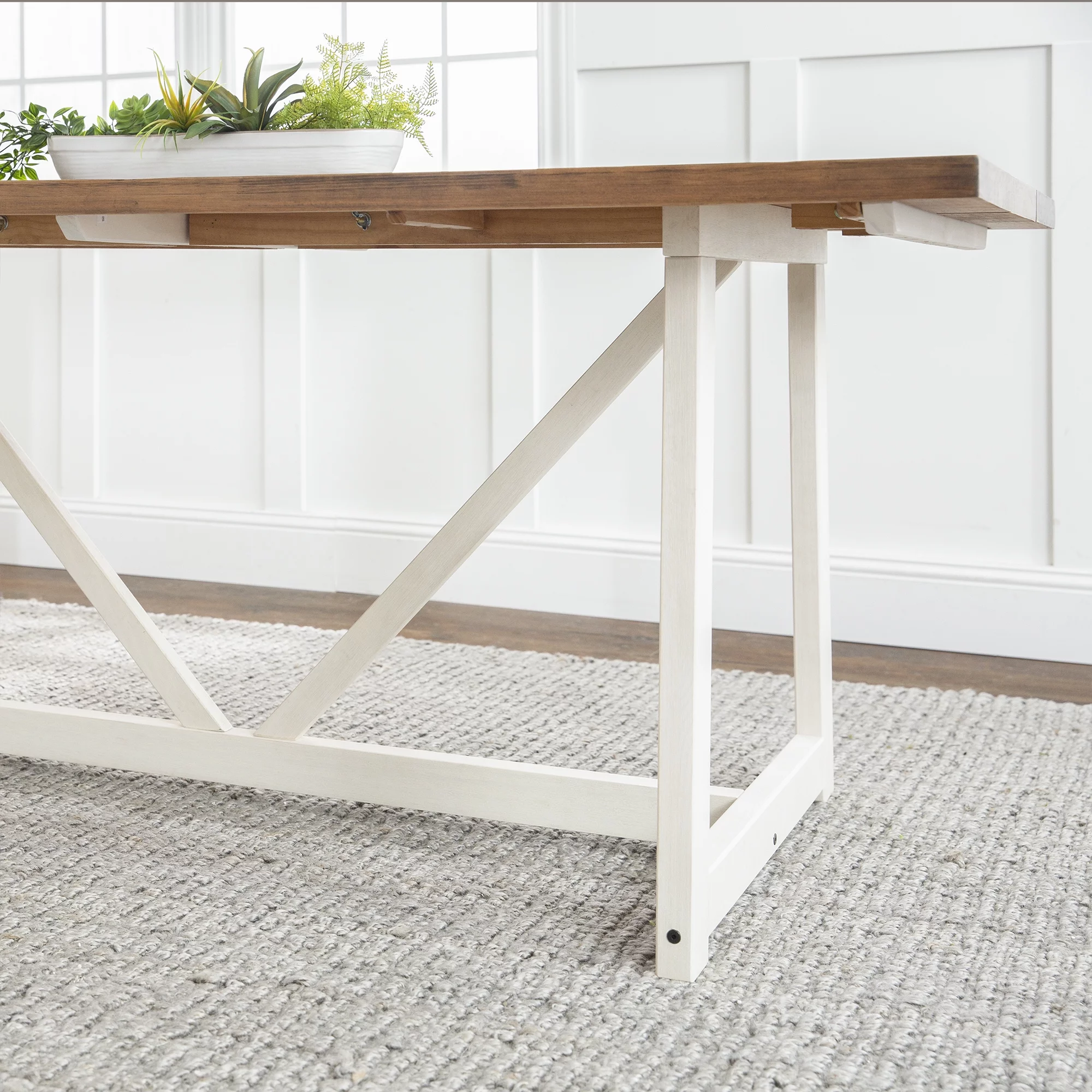 Walker Edison Modern Solid Wood Trestle Dining Table, Rustic Oak/White