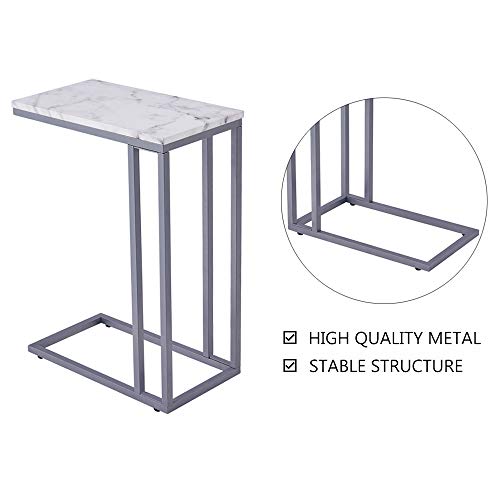 C-Shape Side End Table, Faux Marble Tray Snack Table with Metal Frame, Laptop Coffee Holder, Modern Furniture (Silver)