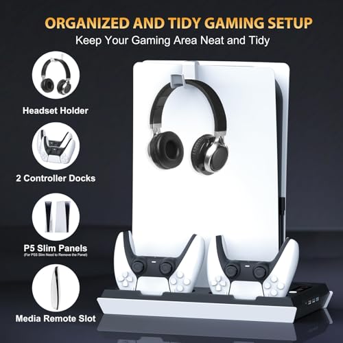 PS5 / PS5 Slim Cooling Station with Dual Controller Charging Station, PS 5 Cooling Stand for PlayStation 5 Console, Headset Holder/ PS 5 Cooling Fan/4 USB Hub All in One Accessories Organizer, Black