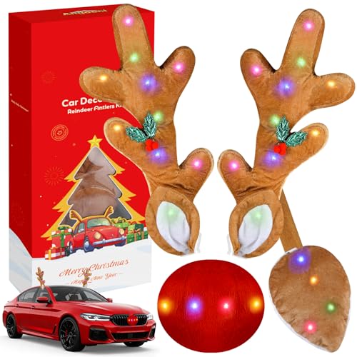 Christmas Car Decoration with Colorful LED Car Kit - 17 Inch Reindeer Antlers with Ears, Red Nose, and Tail - Exterior Accessories for Cars, Trucks, Jeeps, SUVs
