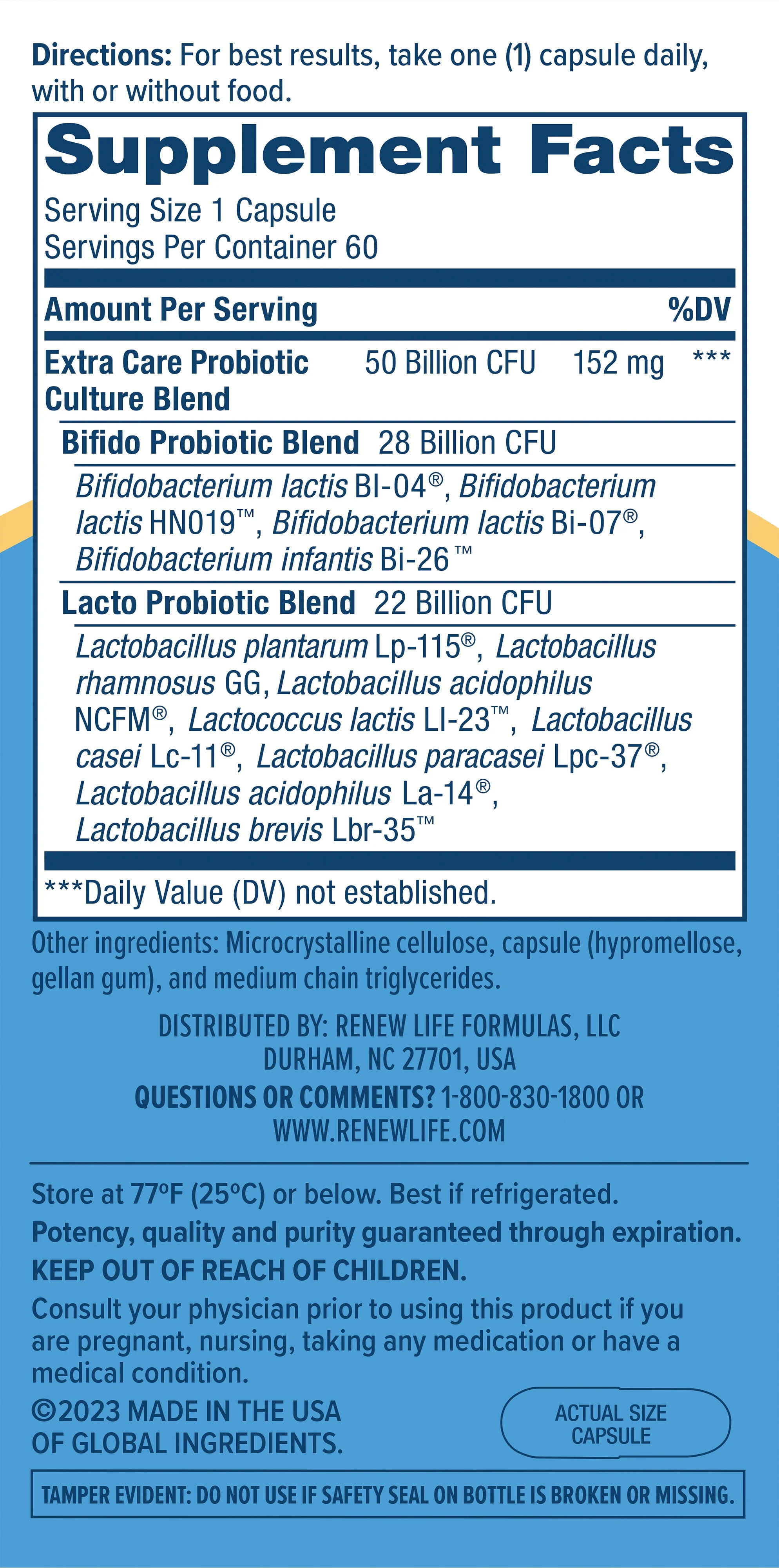 Renew Life Extra Care Digestive Probiotic Supplement, 60 Vegetarian Probiotic Capsules, 50 Billion CFU