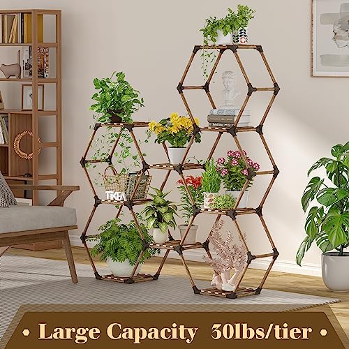 Tikea Plant Stand Indoor Hexagonal Plant Stand for Multiple Plants Indoor Outdoor Large Wooden Plant Shelf Creative DIY 6 Tiered Flowers Stand Rack for Living Room Balcony Patio Window