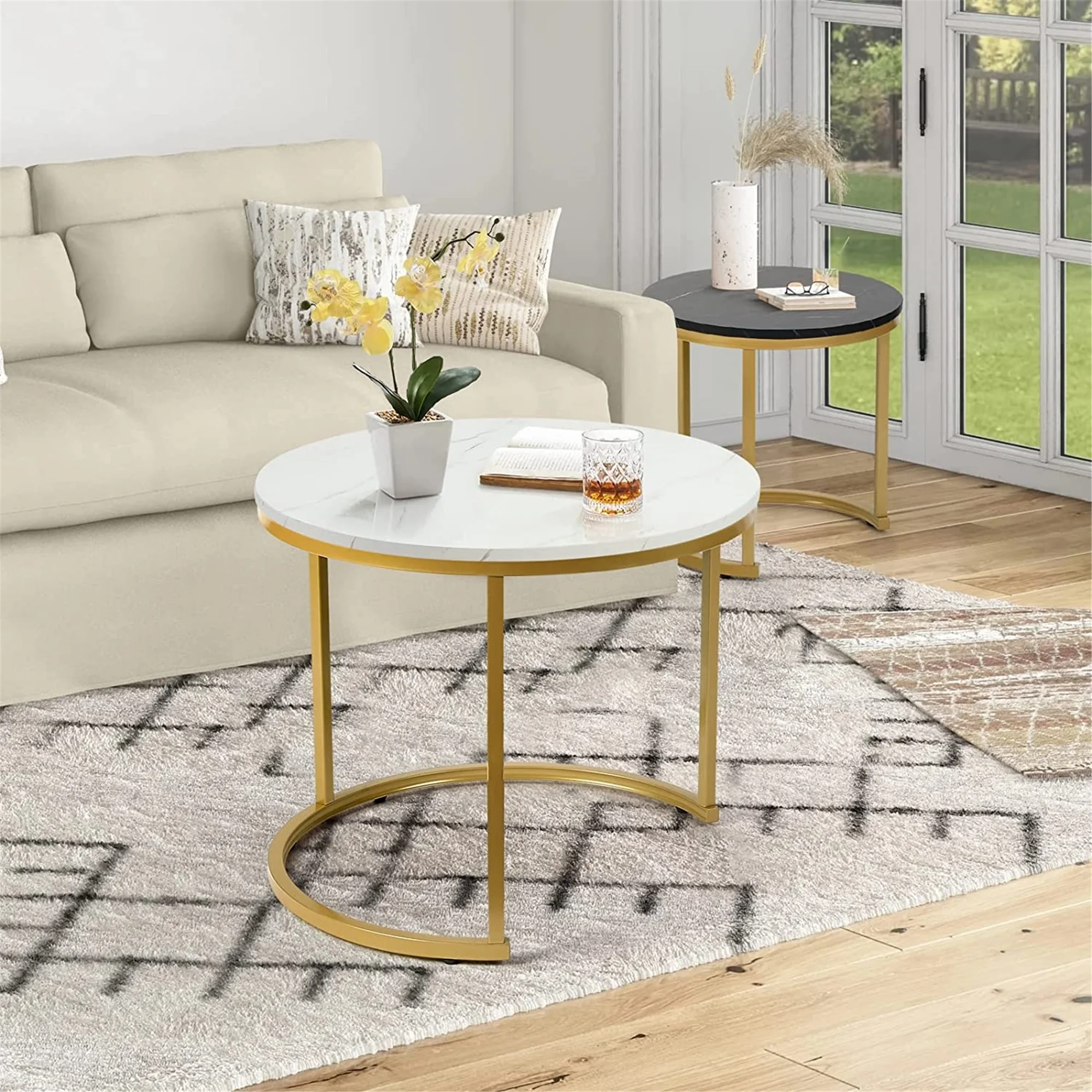 Modern Round Nesting Tables with Metal Frame (Set of 2) (White & Black)