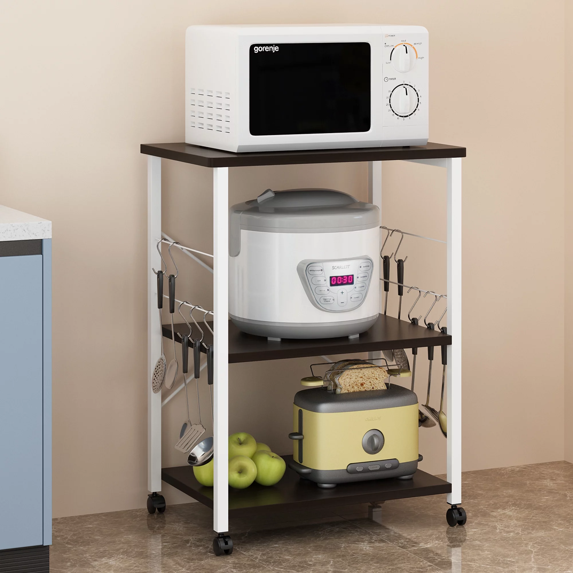 UBesGoo 3-Tier Vintage Rolling Kitchen Baker's Rack Microwave Oven Stand Cart Kitchen Utility Serving Cart Kitchen Storage Shelf Shelving Unit Organizer