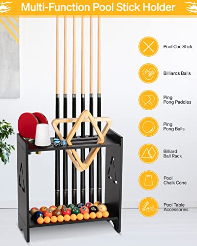 Pool Cue Stick Holder - Floor Stand Billiards Rack Oak Solid Wooden Holds 9 Cues and Pool Table Accessories Organizer