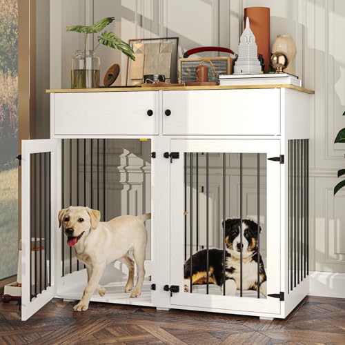 Dog Crate Furniture for 2 Dogs, 41 Inch Double Dog Cage with Removable Divider, Wooden Dog Cage, Dog Kennel Indoor with 2 Doors for Medium/Small Dogs, White
