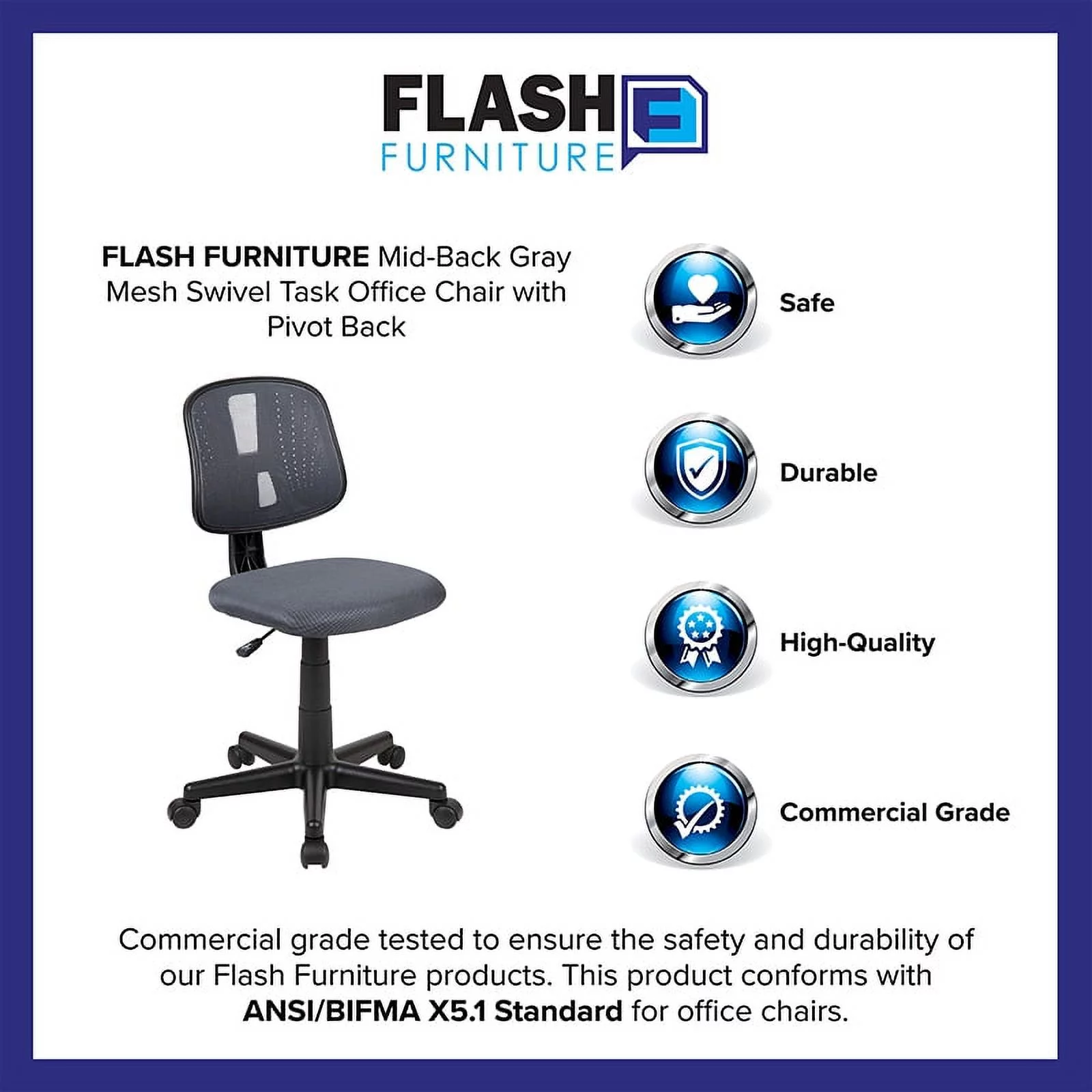 Flash Furniture Flash Fundamentals Mid-Back Gray Mesh Swivel Task Office Chair with Pivot Back, BIFMA Certified