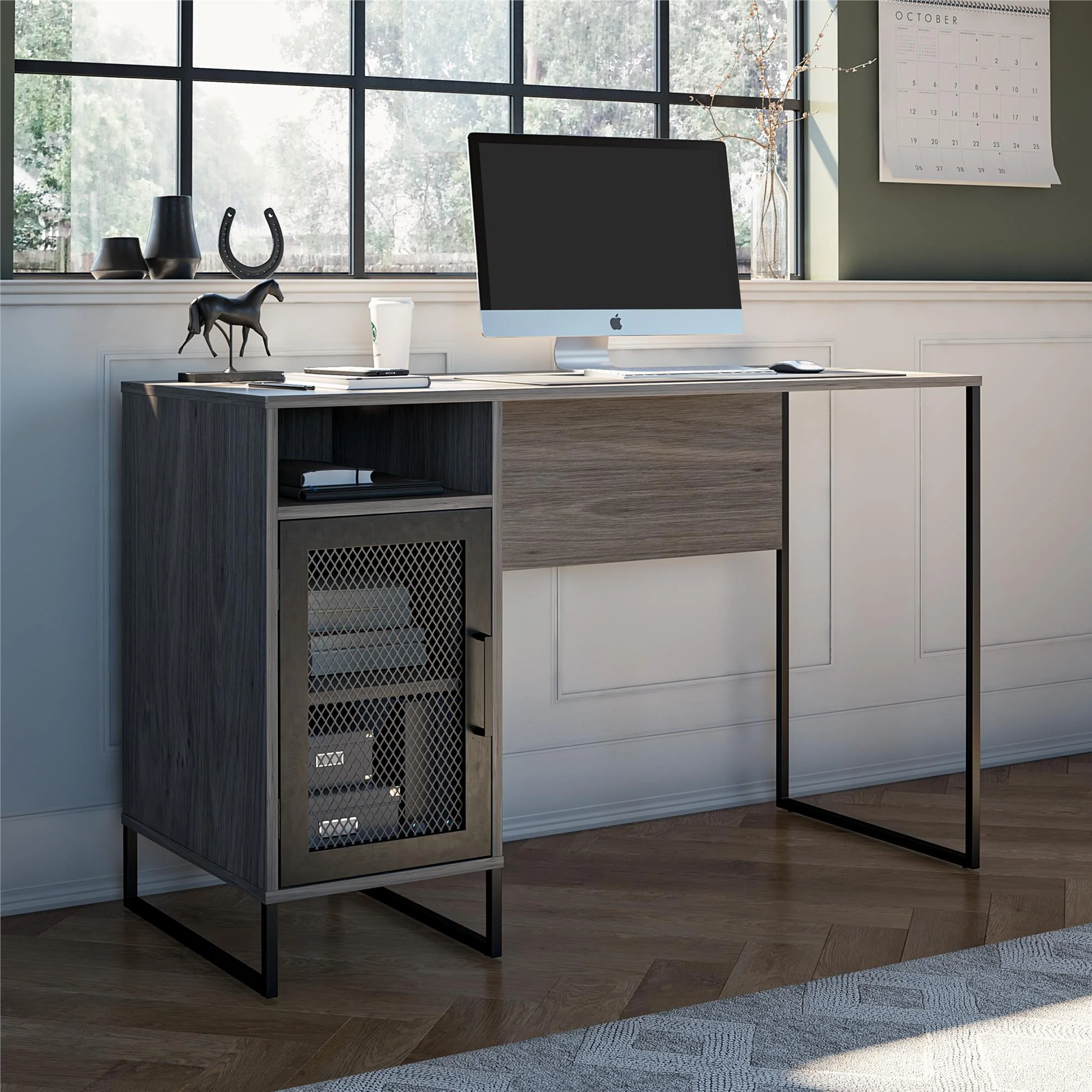 Ameriwood Home Pinola Single Pedestal Computer Desk, Gray Oak