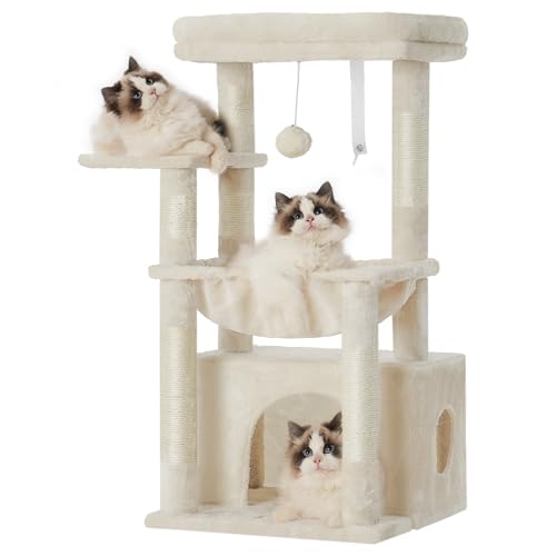 Heybly Cat Tree, Kitten Tower with Large Soft Cat Basket, Cat Condo with Spacious Cat Bed Cave with Hidden Space, Sisal-Covered Scratching Posts, Dangling Ball for Indoor Cats, Light Gray HCT008SW