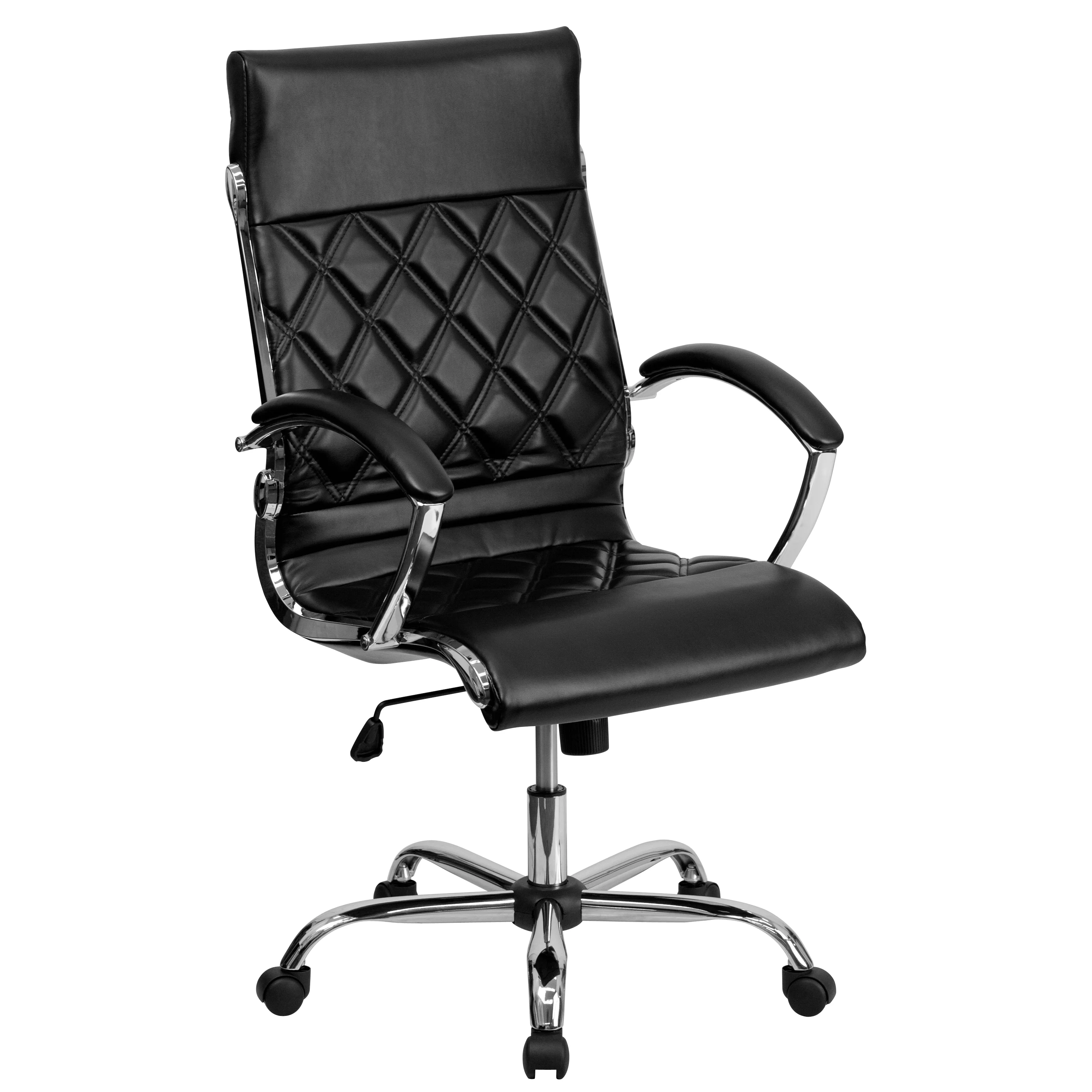 BizChair High Back Designer Quilted Black LeatherSoft Executive Swivel Office Chair with Chrome Base and Arms