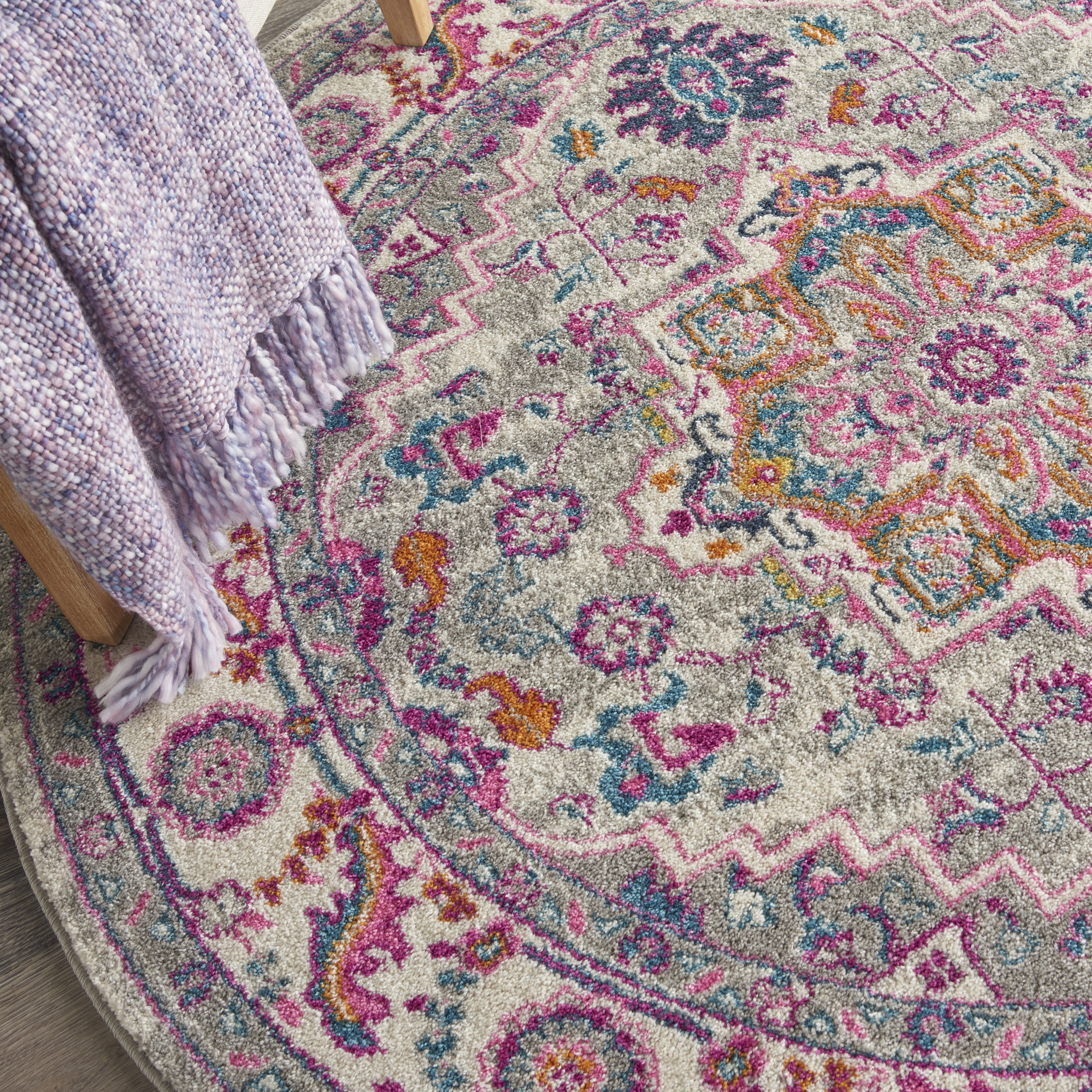 Nourison Passion Light Grey/Pink 4' x Round Area Rug, Boho, Transitional, Bed Room, Living Room, Dining Room, Kitchen, , Easy Cleaning, Non Shedding (4' Round)