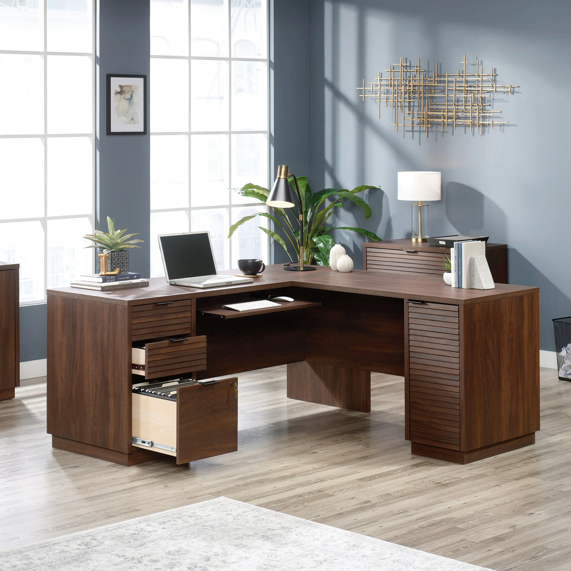 Sauder Englewood Engineered Wood L-Shaped Desk in Spiced Mahogany