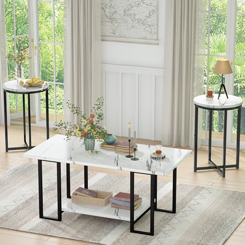 Lamerge 3 Pieces Living Room Table Set, Faux Marble Coffee Table with 2 Round End Side Tables, Coffee Table Set with Metal Frame for Apartment Home Office, White Black
