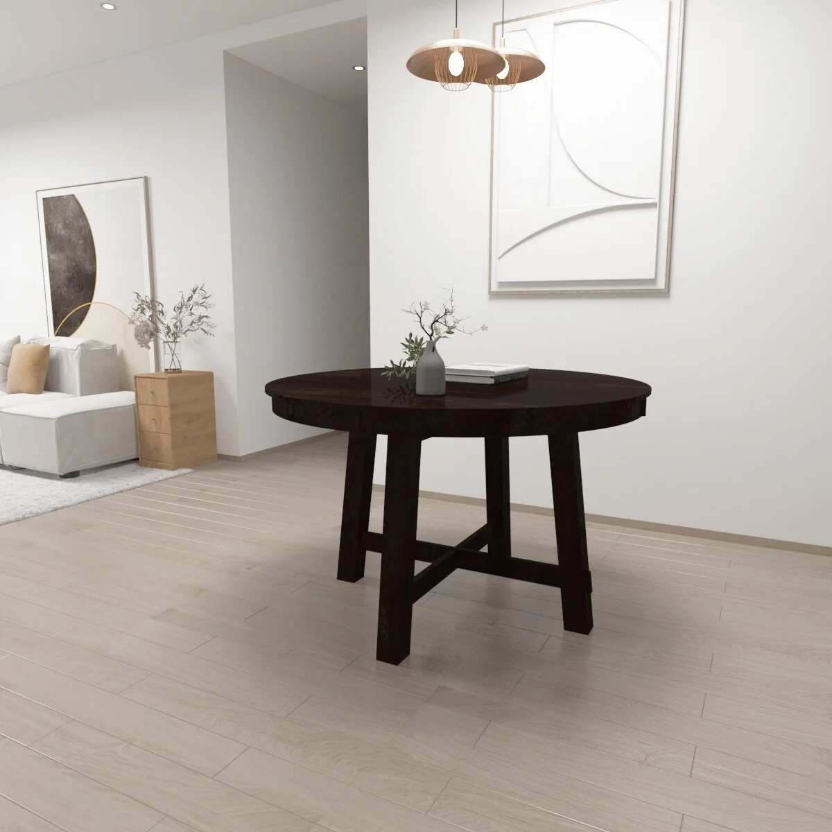 BESTCOSTY Farmhouse Round Wood Extendable Dining Table with 16