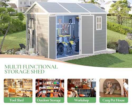 10.5x7.6x7.5 ft Outdoor Resin Storage Shed with Floor, Windows & Air Vents, Large Waterproof Tool Shed for Garden, Backyard, Lawn Equipment & Bikes, Grey