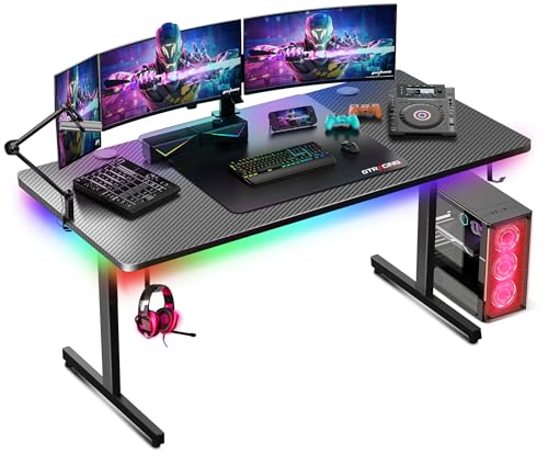 GTRACING Gaming Desk 55 Inch with LED Lights, Large Computer Desk with Mouse Pad for Home Office, T-Shaped Carbon Fibre Surface PC Game Workstations with Headphone Hook